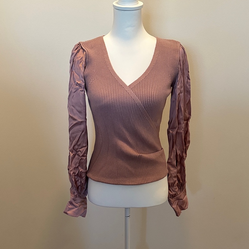 By Anthropologie Mauve Ribbed Wrap Blouse